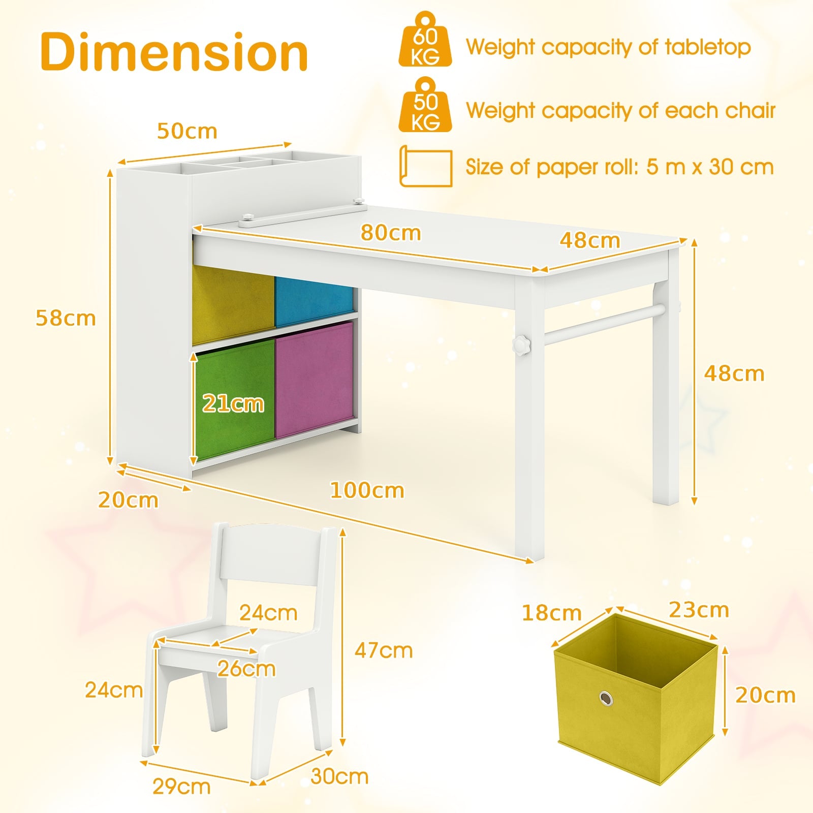 Kids Art Table and Chairs Set with Paper Roll and Storage Shelves-White