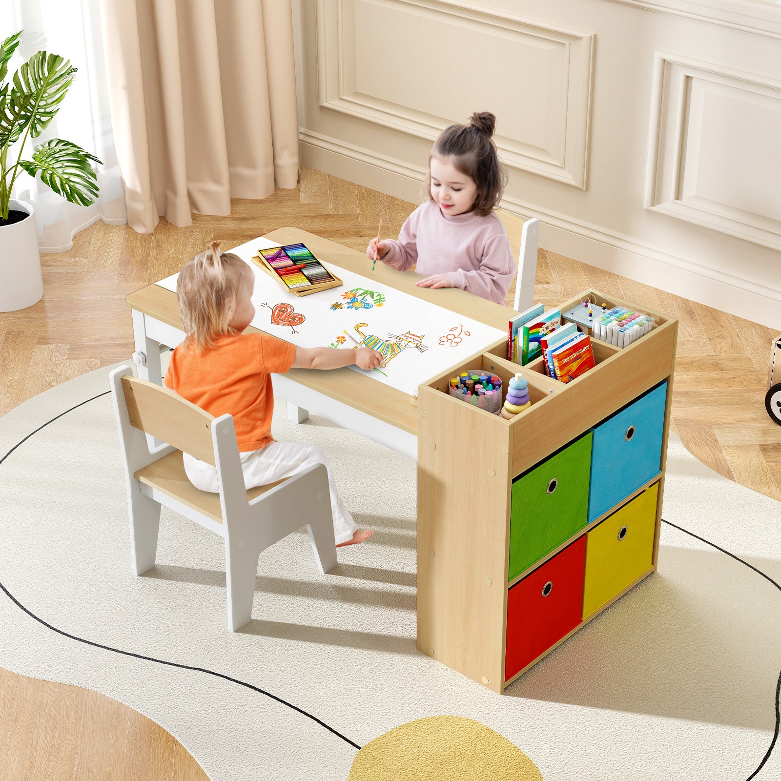 Kids Art Table and Chairs Set with Paper Roll and Storage Shelves-Colourful