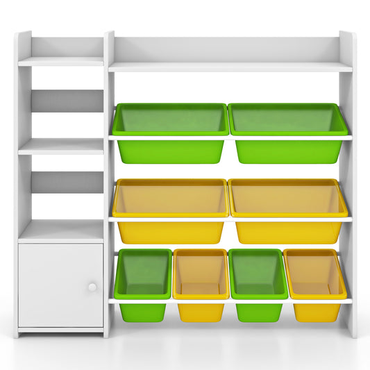 Kids Bookshelf Toy Storage Organizer with storage boxes and open shelves in multicolor