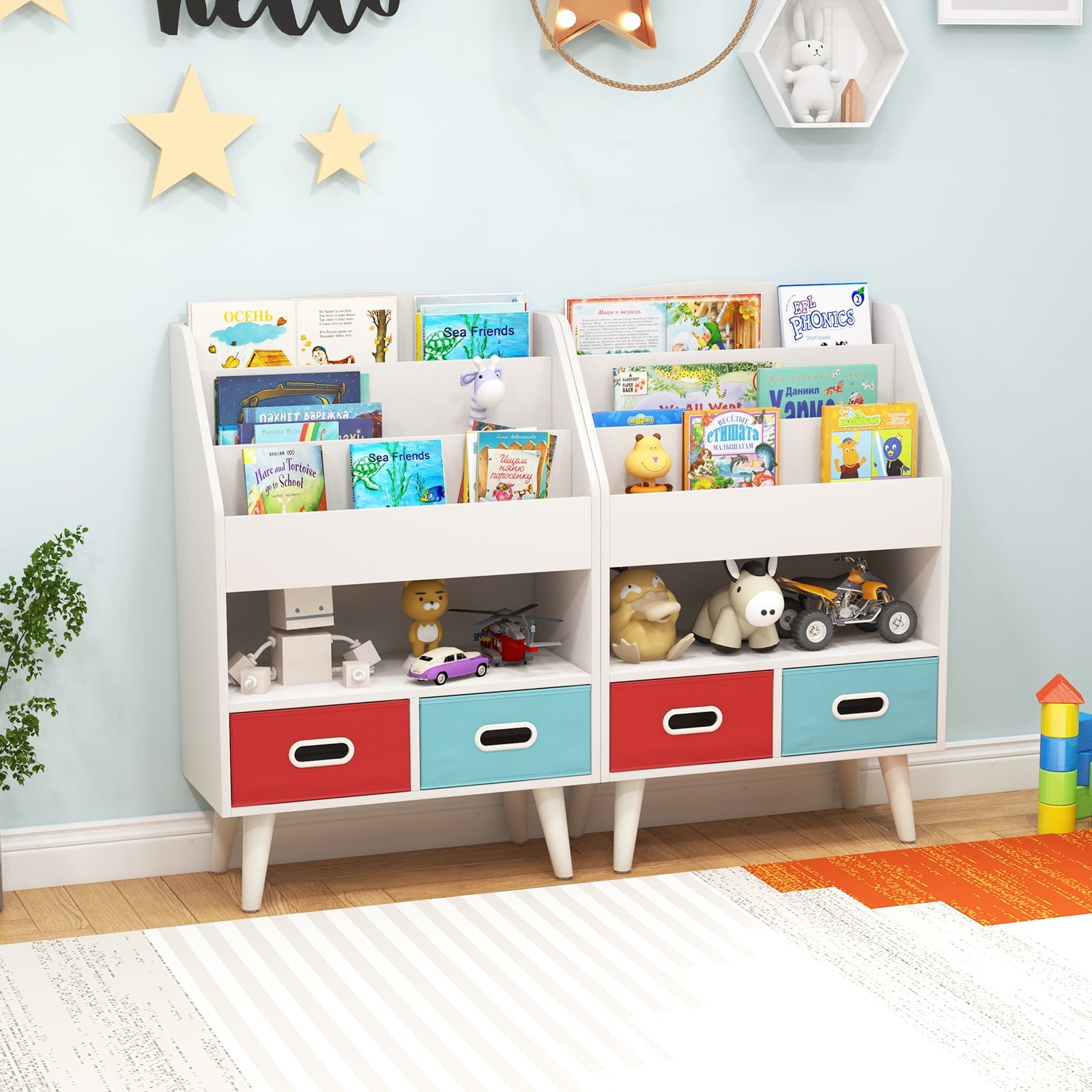 Kids Bookshelf Wooden Book Display Rack with 3-Tier Bookshelves-White