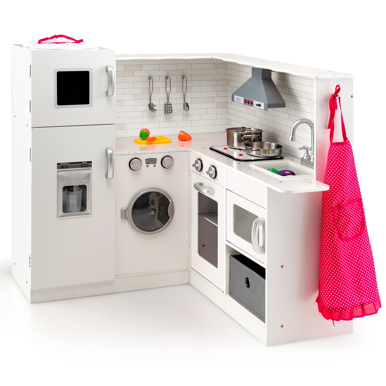 Kids Corner Play Kitchen with Apron and Chef Hat-White