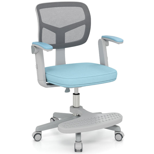 Kids Desk Chair with blue seat and grey mesh back, adjustable armrests and footrest