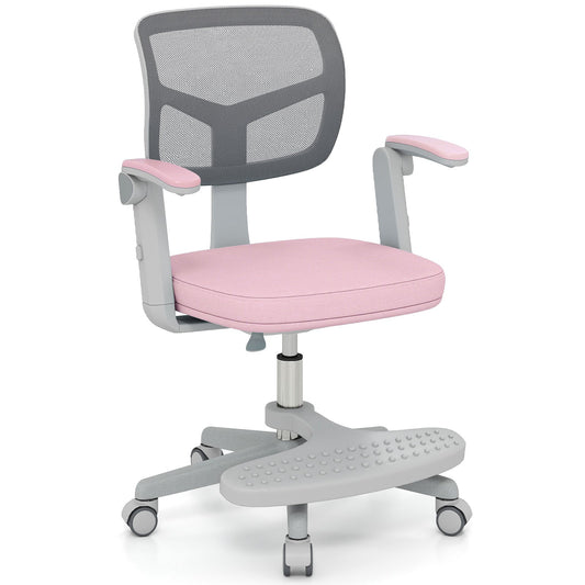 Kids Desk Chair with pink seat and grey mesh back, adjustable armrests and footrest