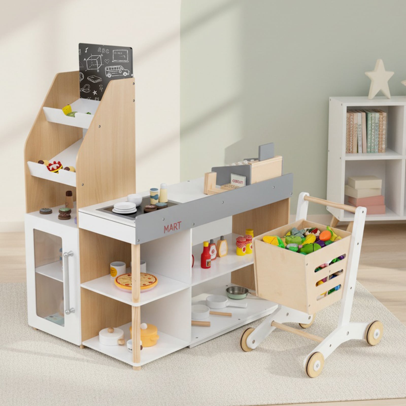 Kids Grocery Store Playset Wooden Pretend Play Supermarket with Shopping Cart-Natural