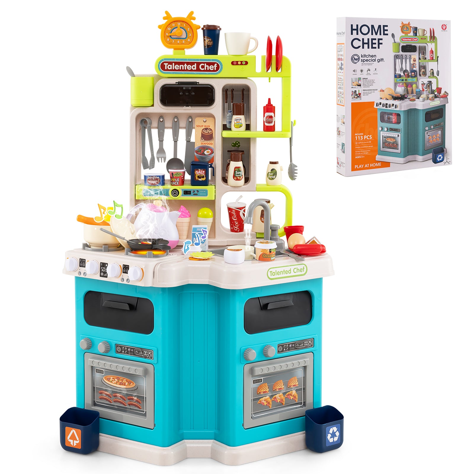 Kids Kitchen Playset Corner Play Kitchen with Realistic Sounds and Lights-Blue