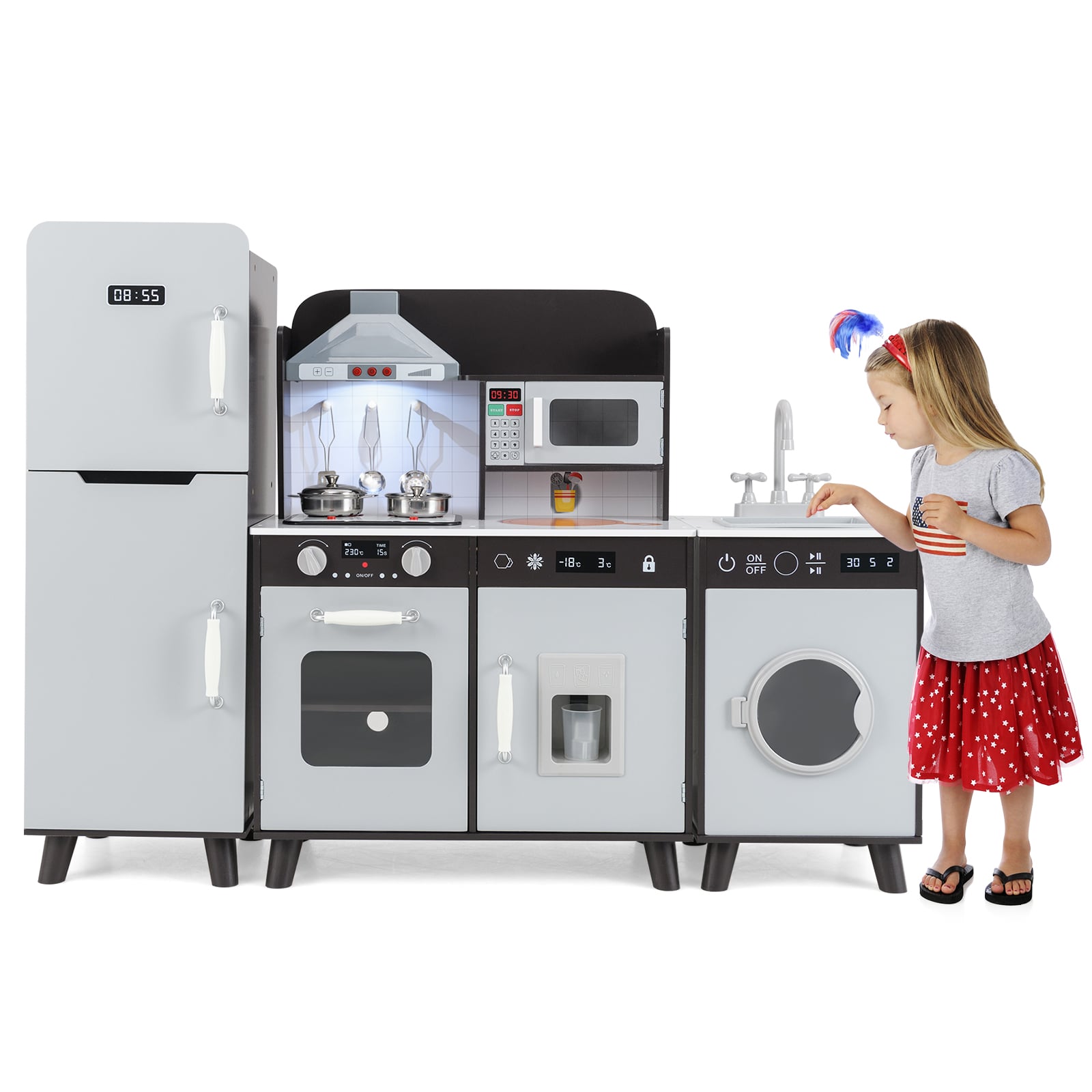 Kids Kitchen Playset with Refrigerator and Washing Machine-Brown