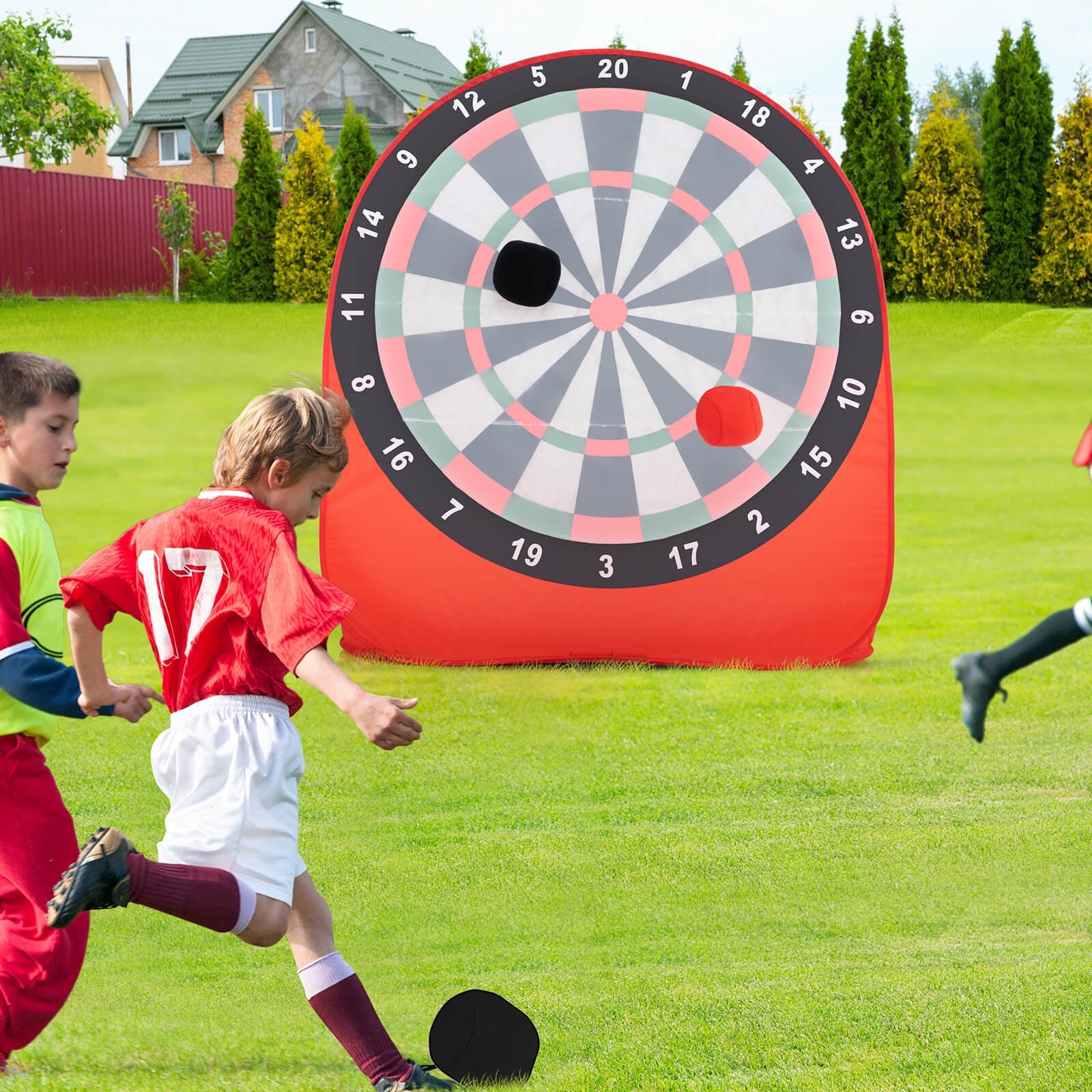 Large Dart Board for Kids Foldable and Portable Dartboard with 4 Kick Balls-Red