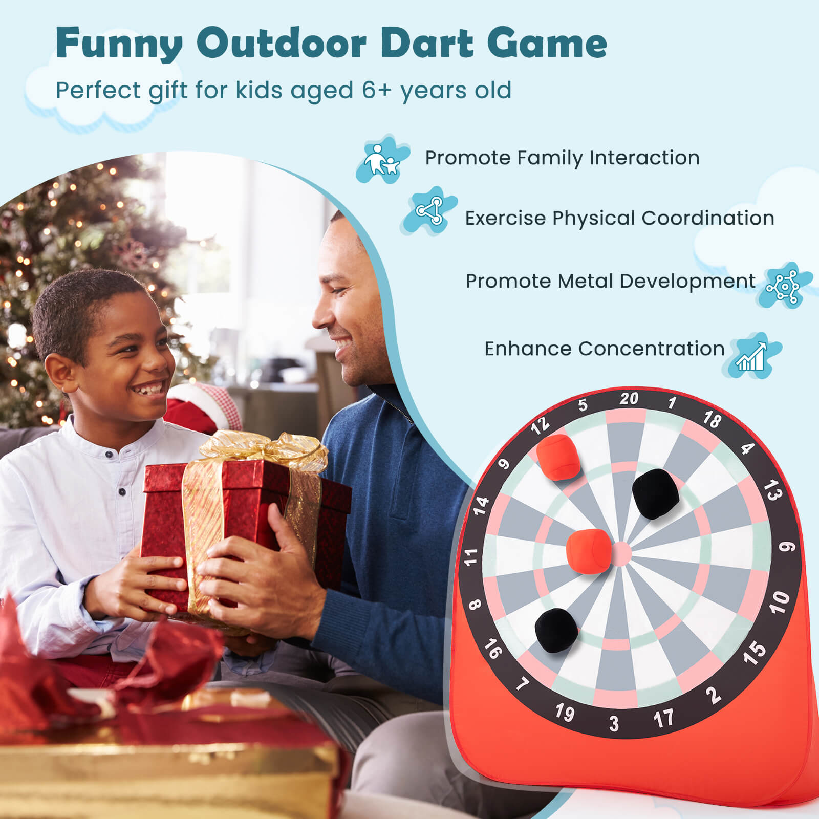 Large Dart Board for Kids Foldable and Portable Dartboard with 4 Kick Balls-Red