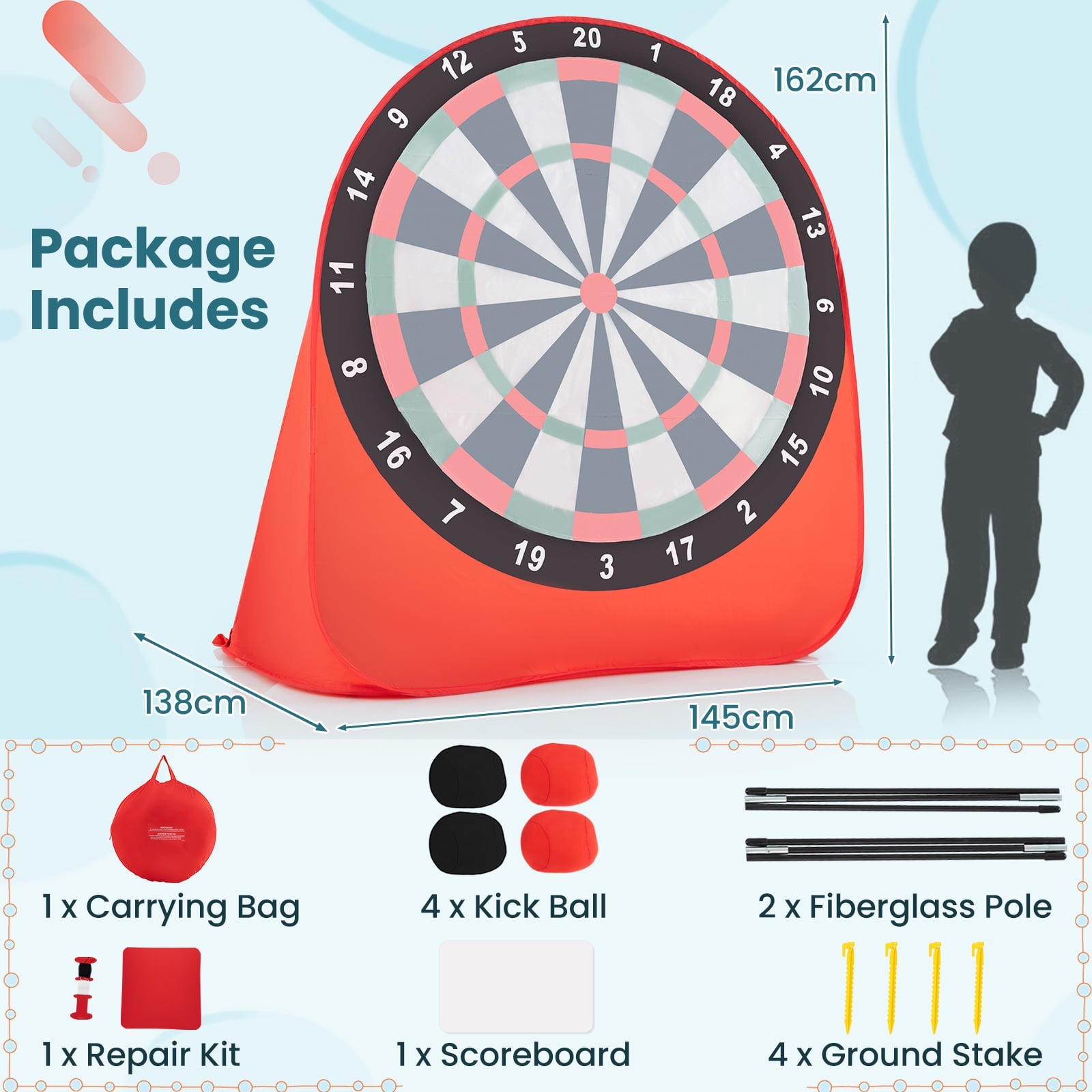 Large Dart Board for Kids Foldable and Portable Dartboard with 4 Kick Balls-Red