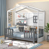 Kids Montessori Wood House Bed Bed with 2 Shelves and Guardrails-Gray & White-Single Size