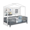 Kids Montessori Wood House Bed Bed with 2 Shelves and Guardrails-Gray & White-Single Size