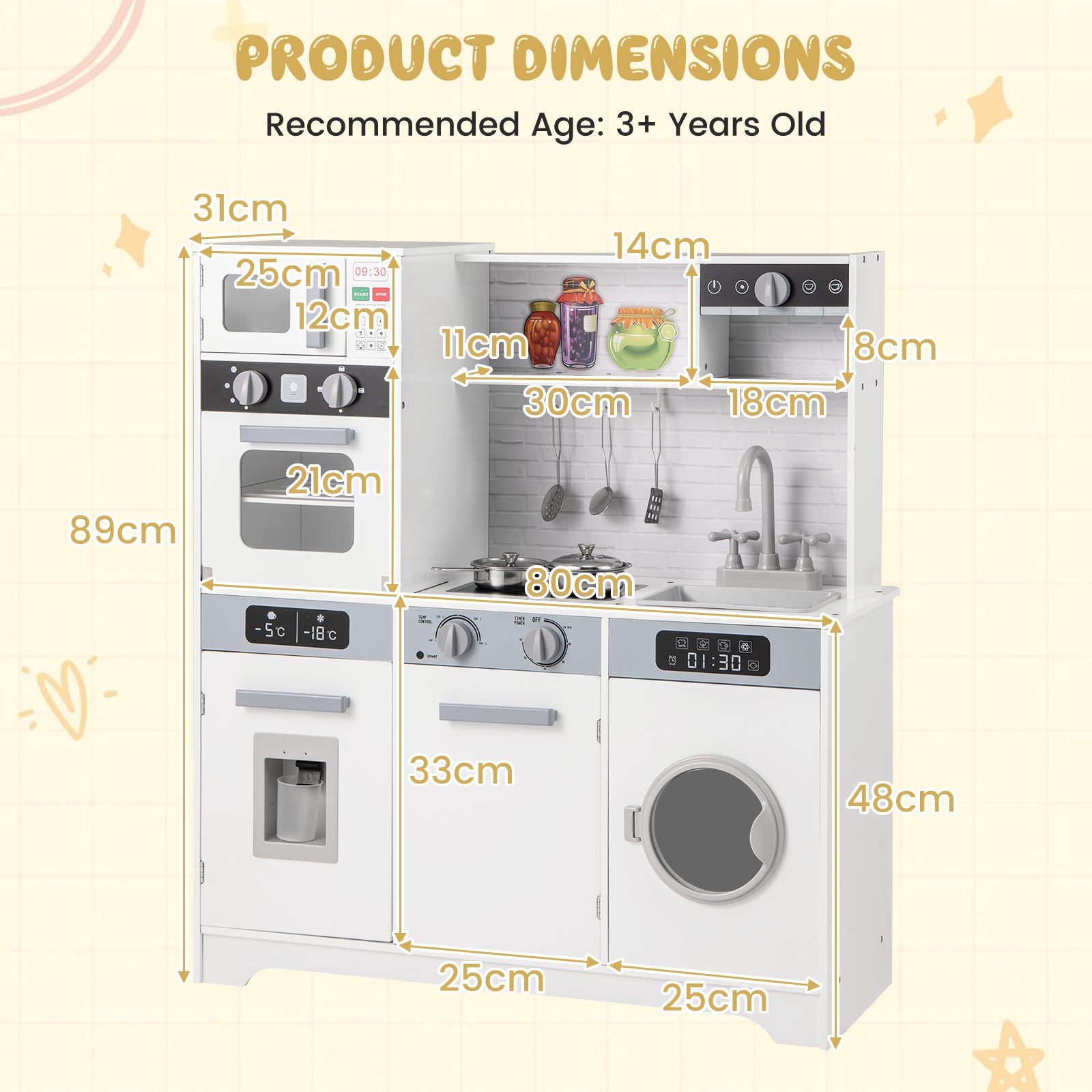 Kids Play Kitchen Toy Set with Water Dispenser and Sink-White