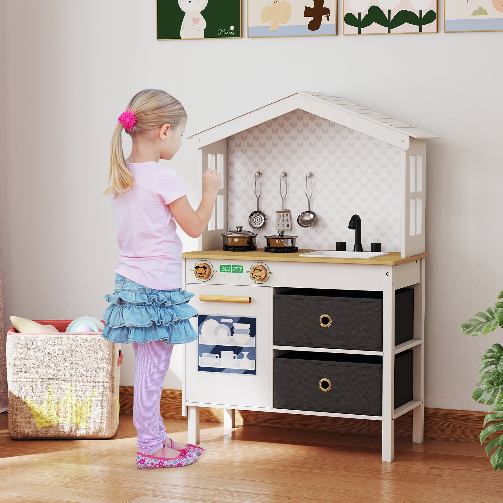 Kids Play Kitchen with 2 Stoves and Drawers and Dishwasher-White