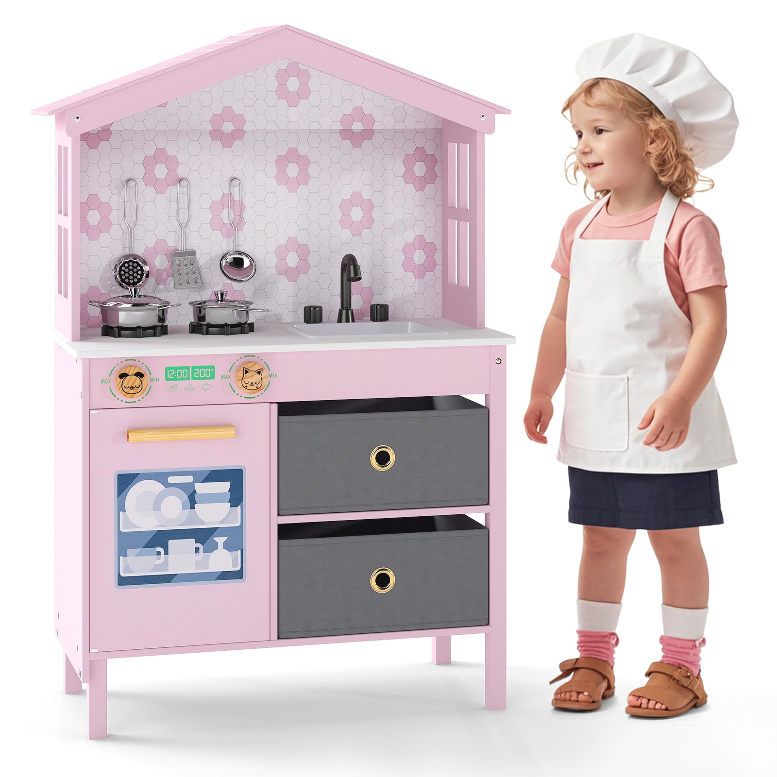 Kids Play Kitchen with 2 Stoves and Drawers and Dishwasher-Pink