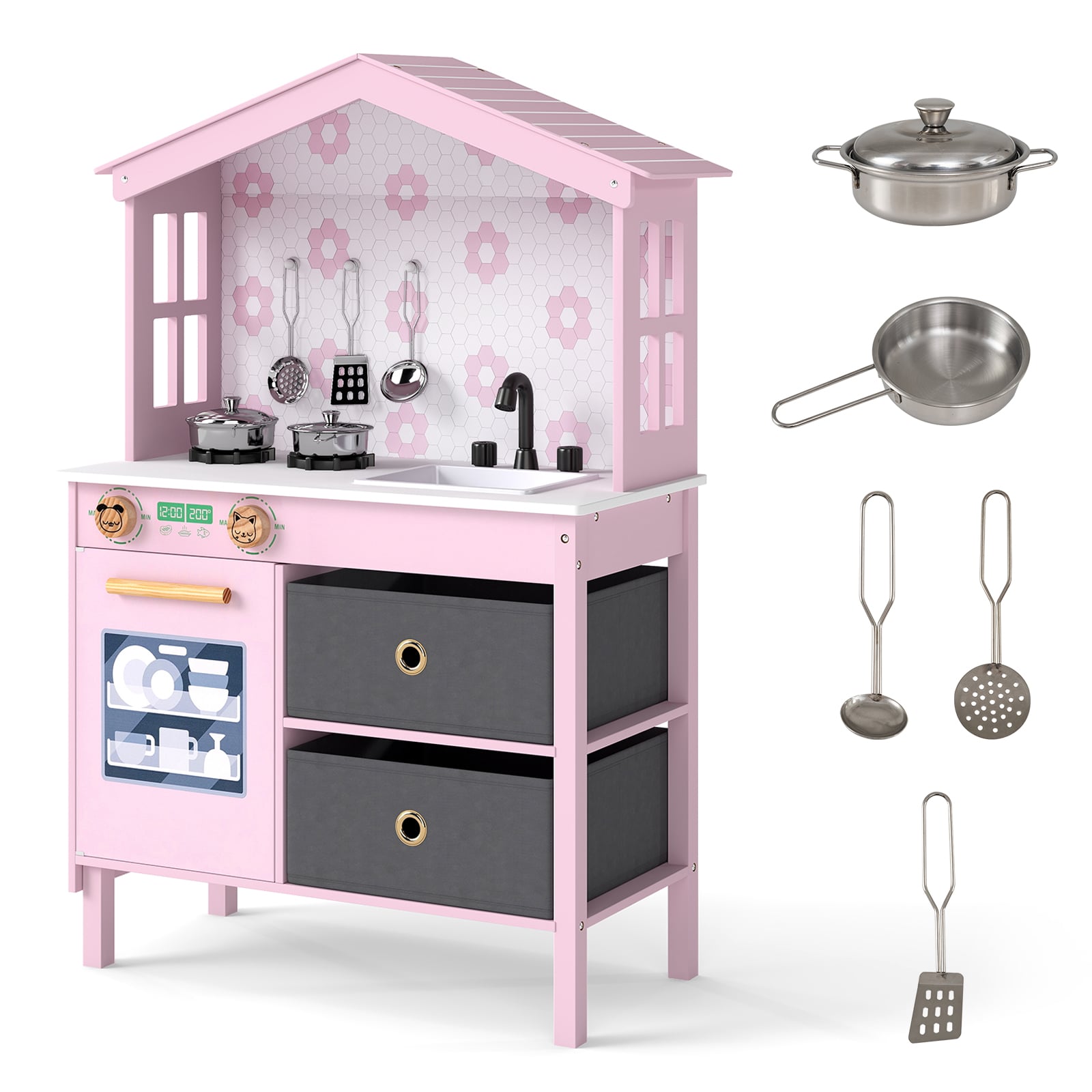 Kids Play Kitchen with 2 Stoves and Drawers and Dishwasher-Pink