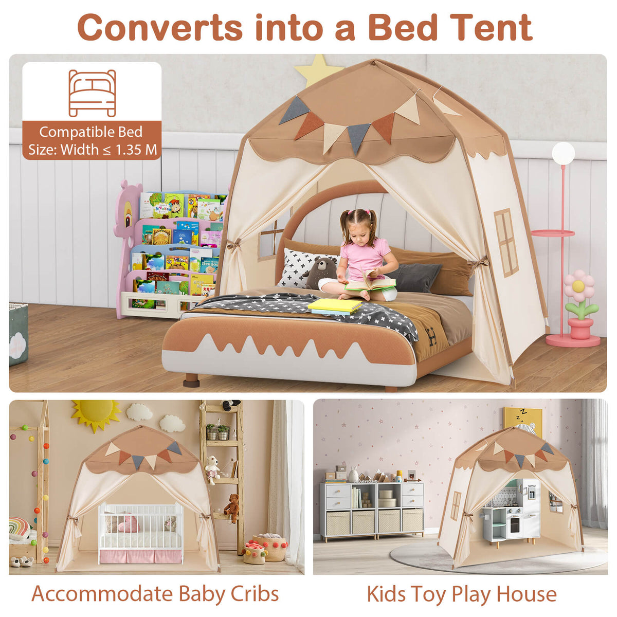 The play tent shown as a bed tent and a kids play house, with a baby crib option