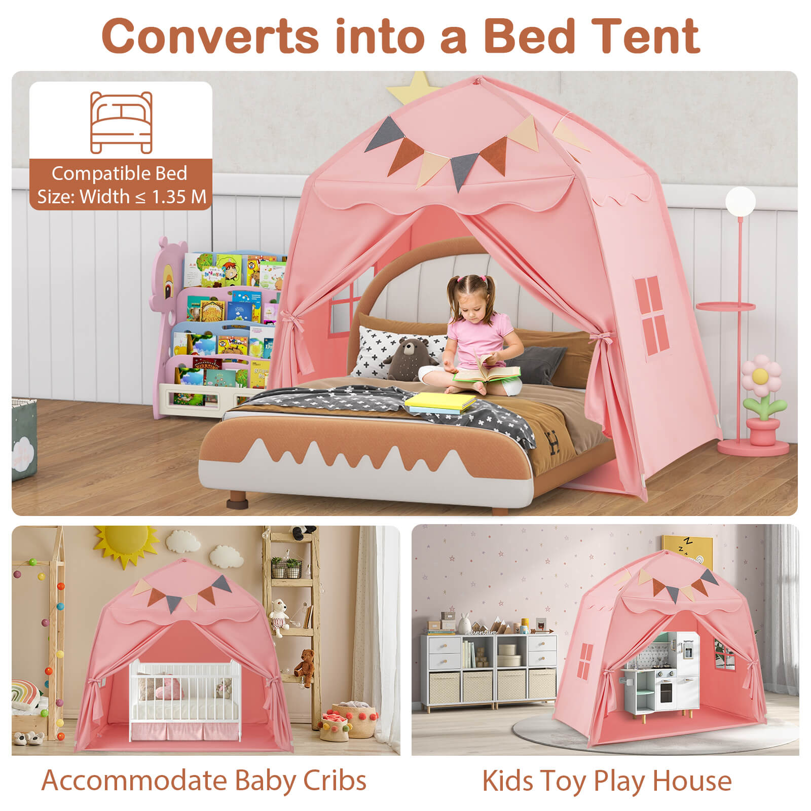 Kids Play Tent Bed Tent Extra Large with Lights for 3-12 Years Old-Pink