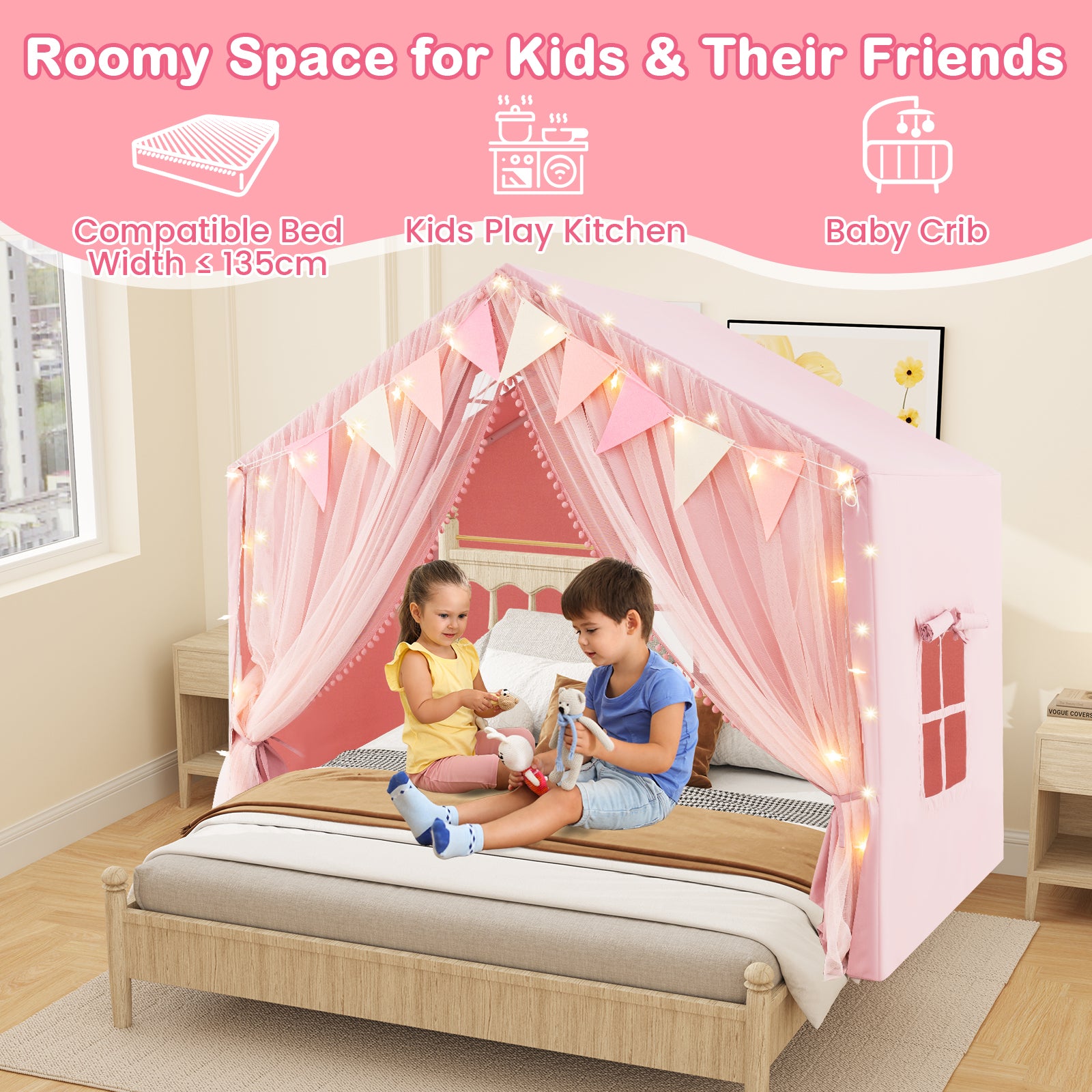 Kids Play Tent 3-4 Kids Large Play Tent House with Fabric and Screen Curtains-Pink