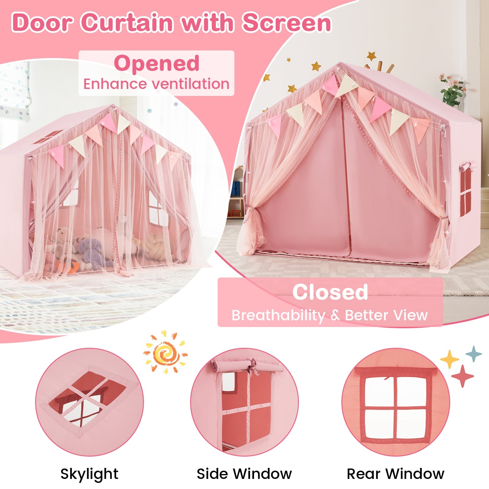 Kids Play Tent 3-4 Kids Large Play Tent House with Fabric and Screen Curtains-Pink
