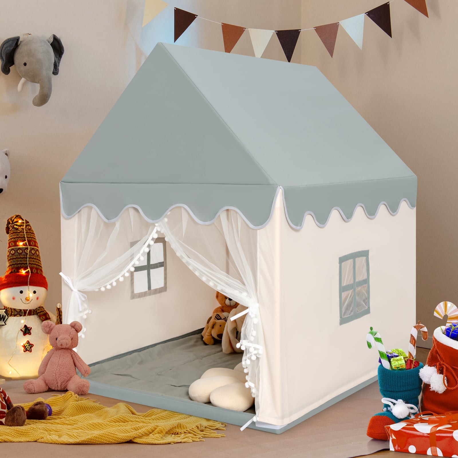 Kids Play Tent with Padded Mat Indoor Playhouse-Beige & Grey