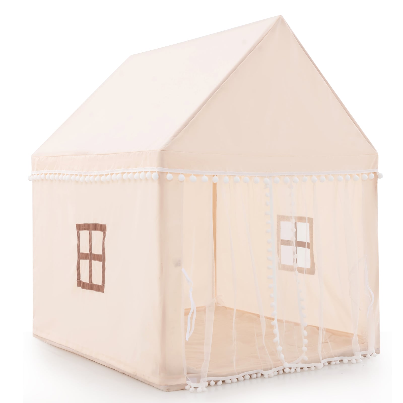 Kids Play Tent with Soft Sponge Padded Mat and Solid Wood Frame-Beige