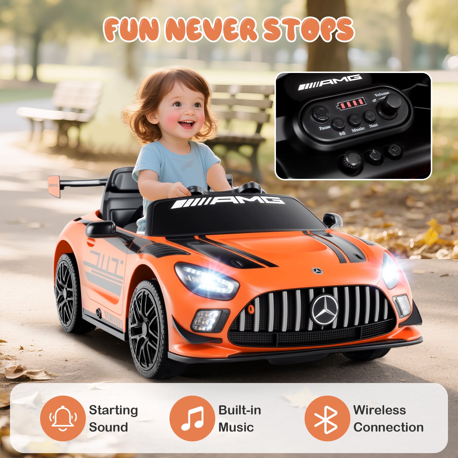 12V Kids Powered Ride on Car Benz GT3 with Spoiler and Remote Control-Orange