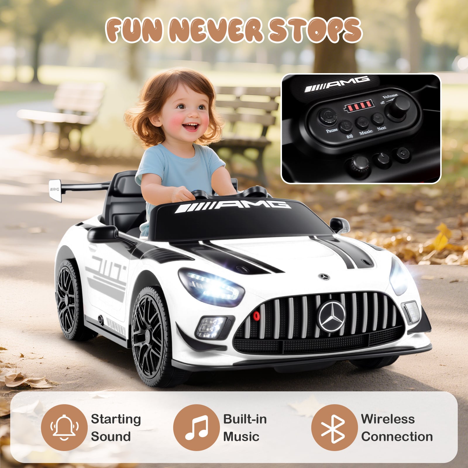 12V Kids Powered Ride on Car Benz GT3 with Spoiler and Remote Control-White