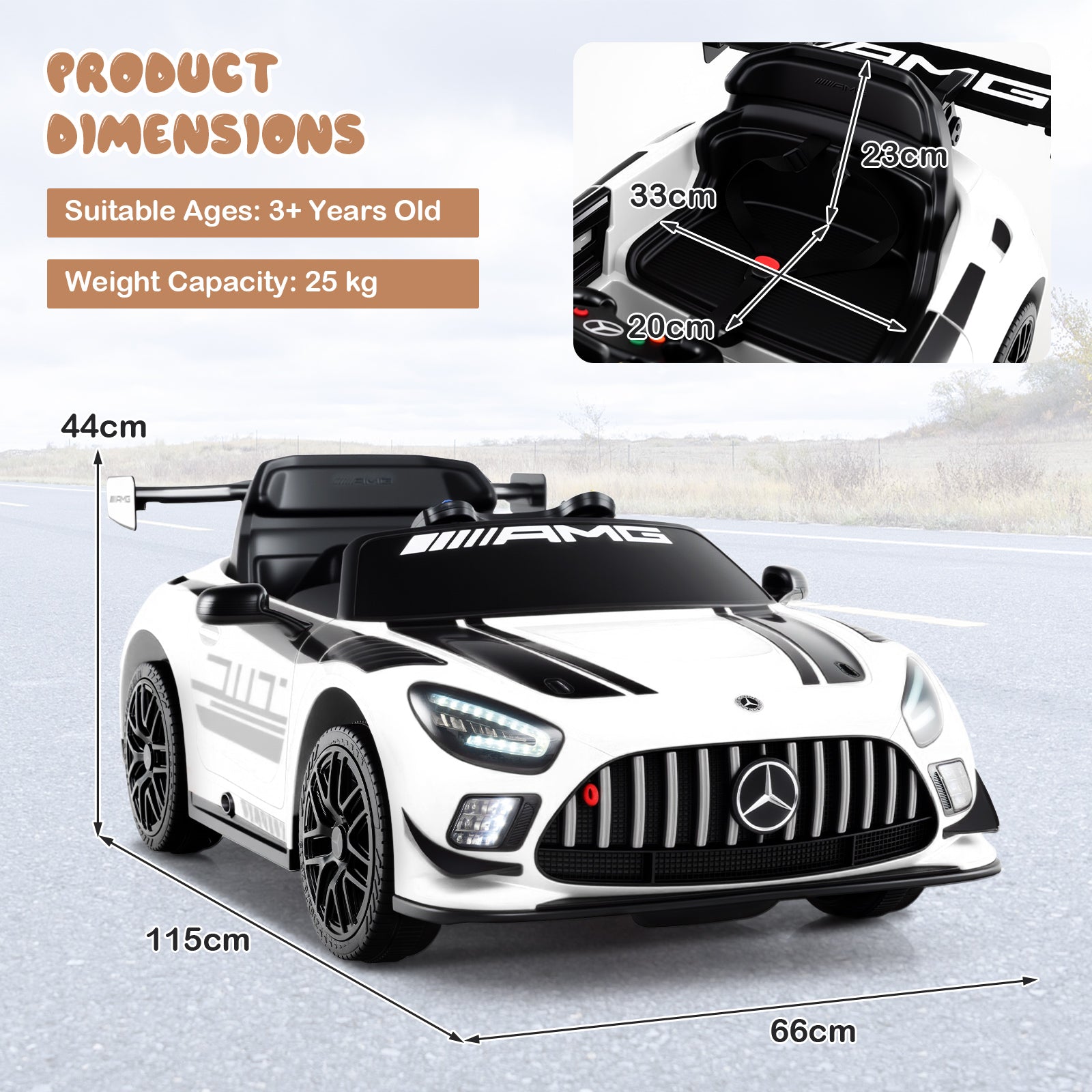 12V Kids Powered Ride on Car Benz GT3 with Spoiler and Remote Control-White