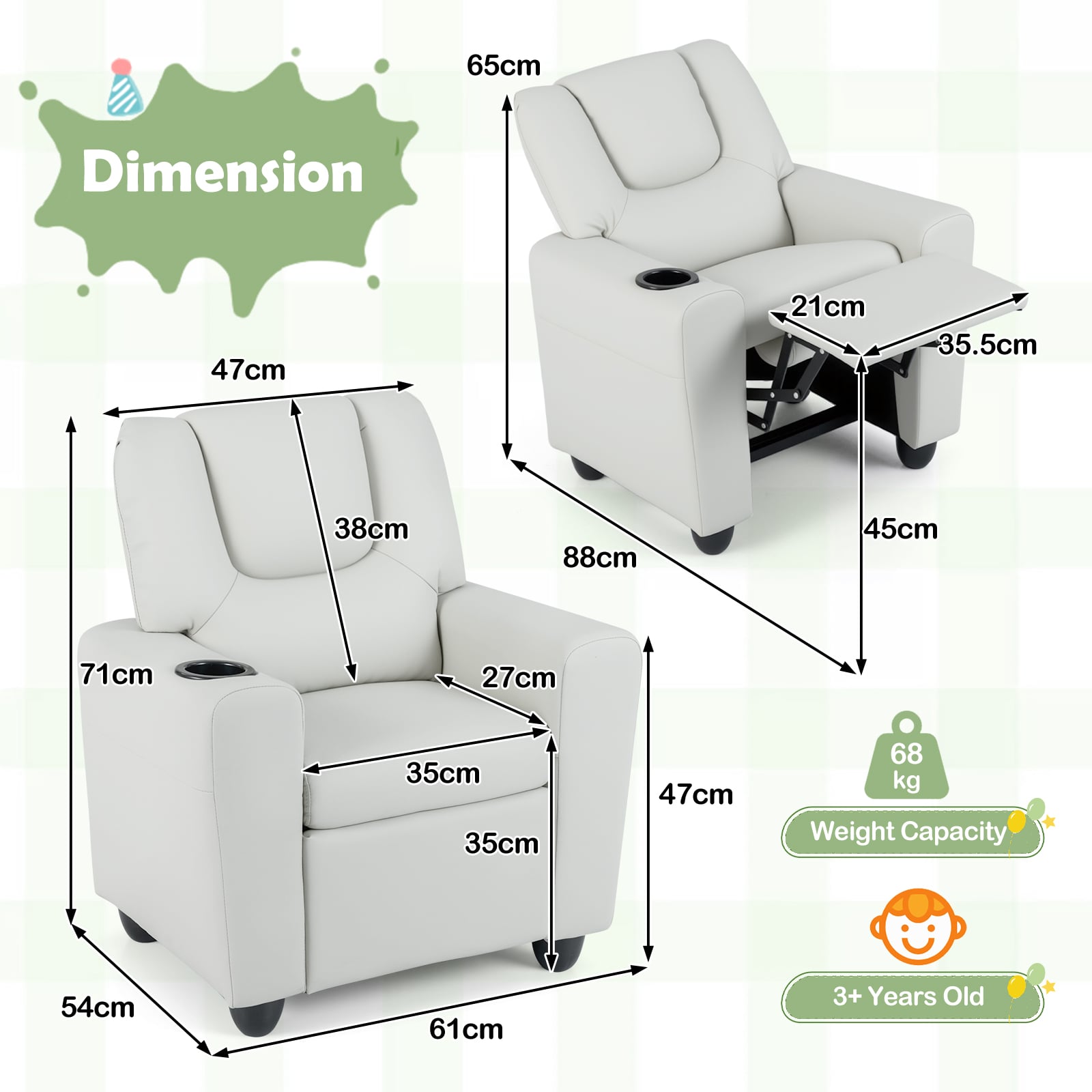 Kids Recliner with Cup Holder PU Leather Kids Reclining Chair-Beige