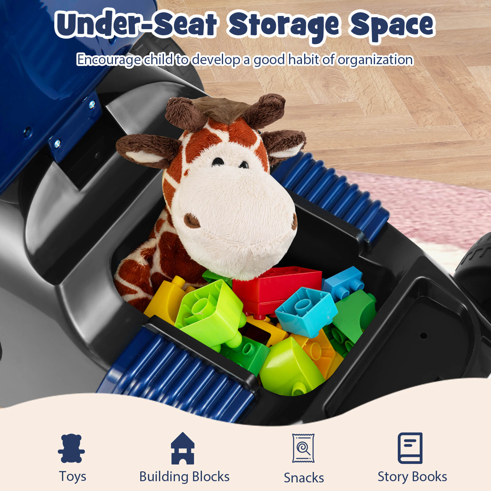 Kids Ride On Car Sliding Toy with Music and Cool Rear Wings-Black & Blue