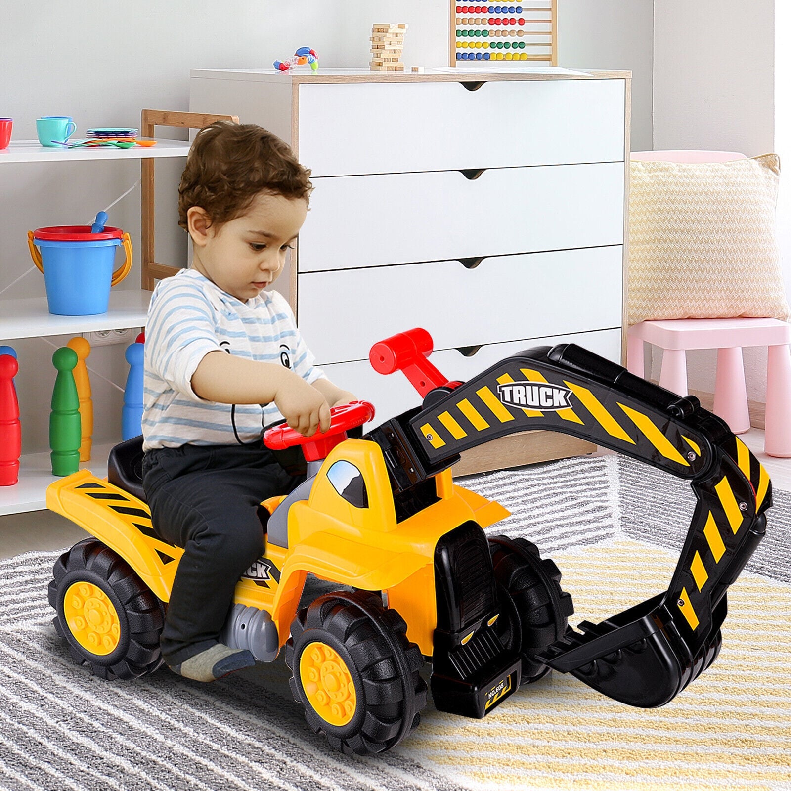 Kids Ride on Digger with Safety Helmet and Toy Stones