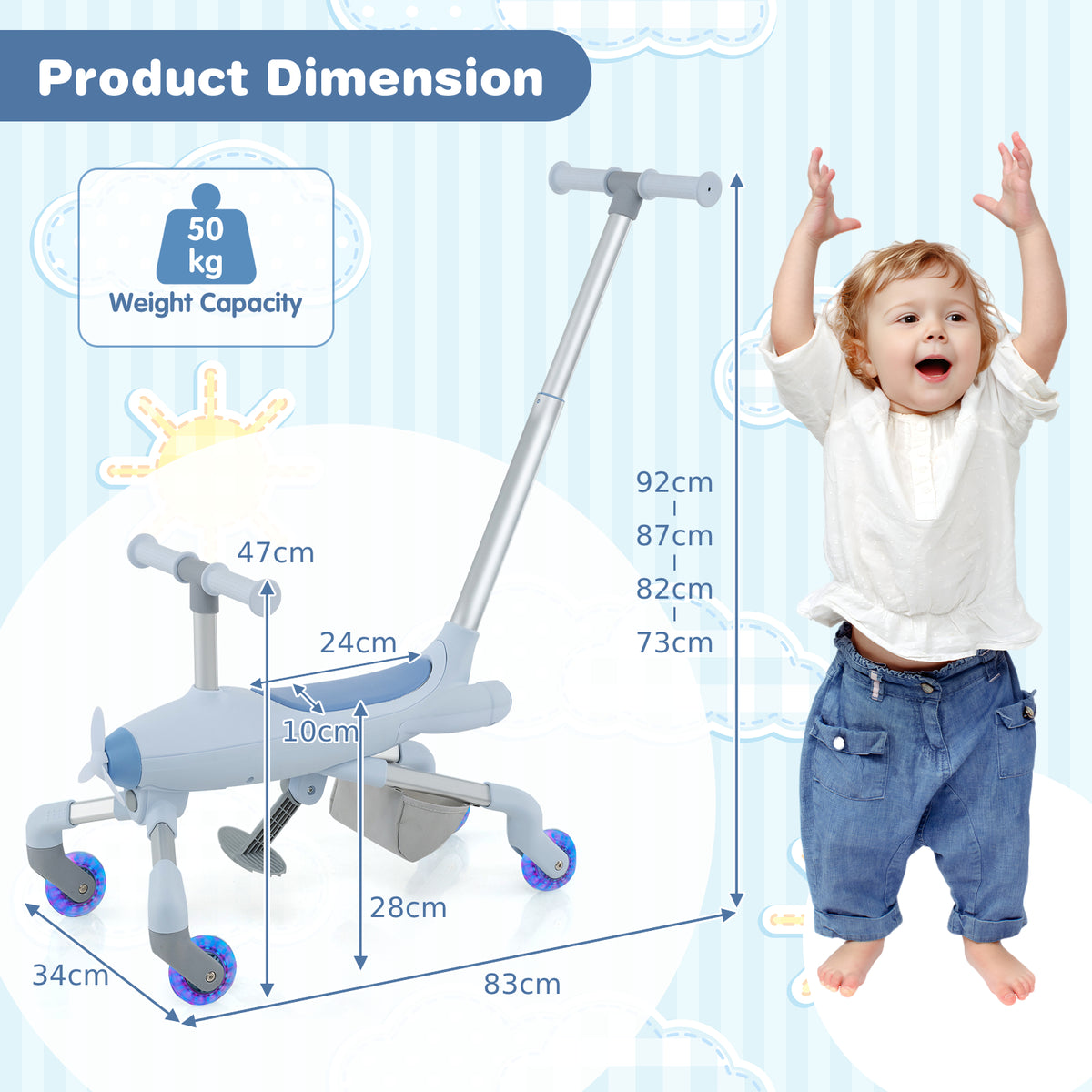 Dimension diagram for the blue ride-on push car showing height and width