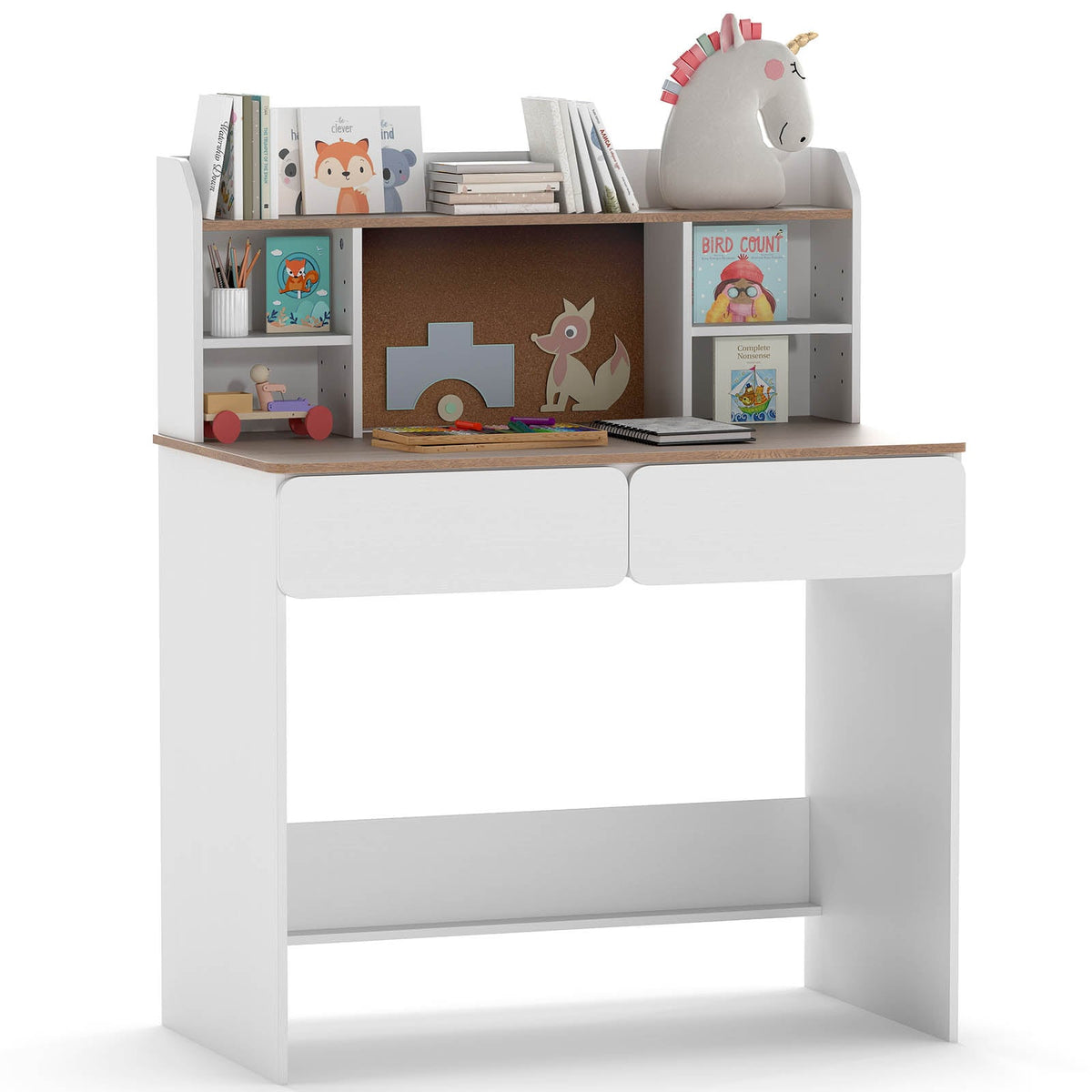 Kids Study Desk Student Writing Table with Cork Bulletin Board-White