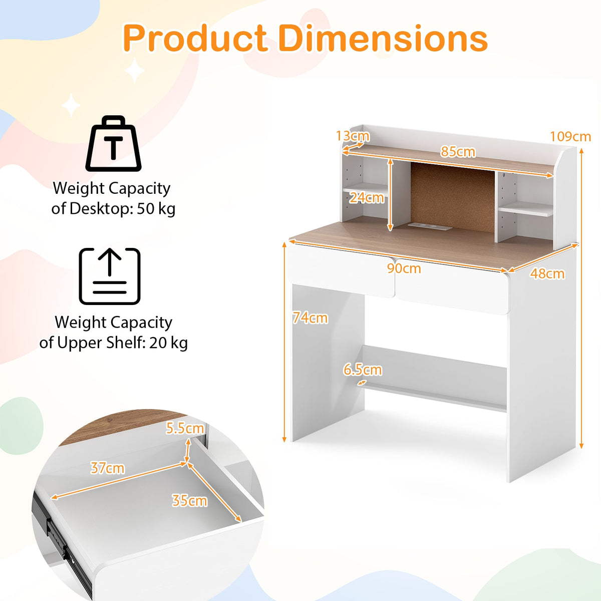Kids Study Desk Student Writing Table with Cork Bulletin Board-White