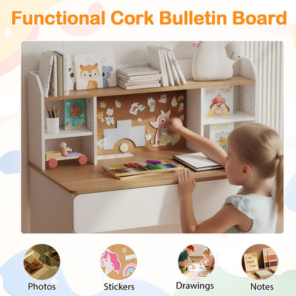 Kids Study Desk Student Writing Table with Cork Bulletin Board-White