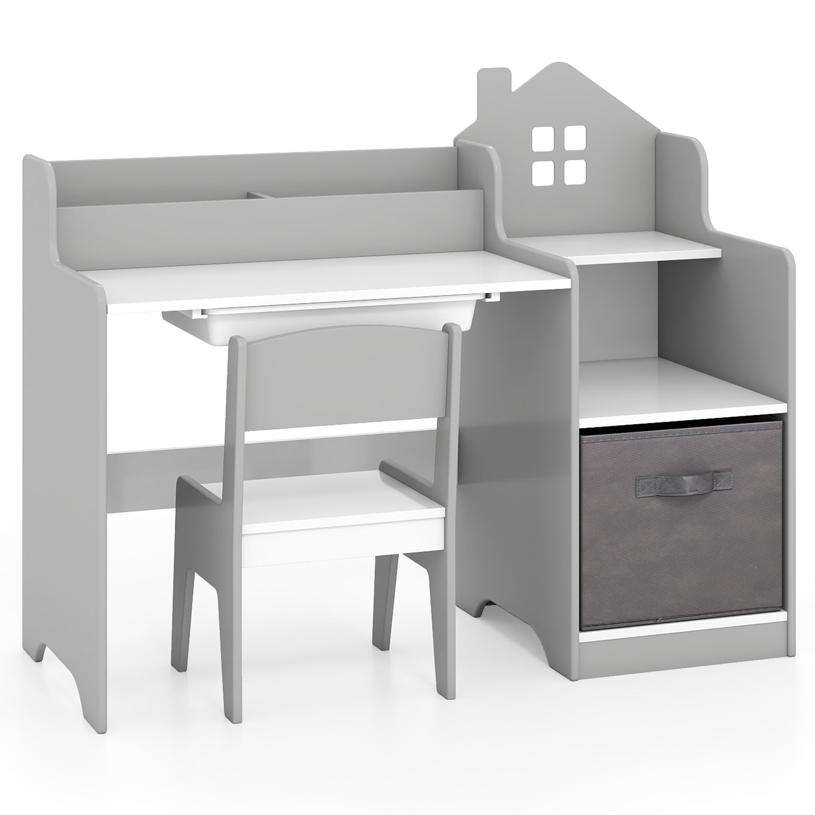 Kids Study Desk and Chair Set Children Study Table with Open Shelves-Grey