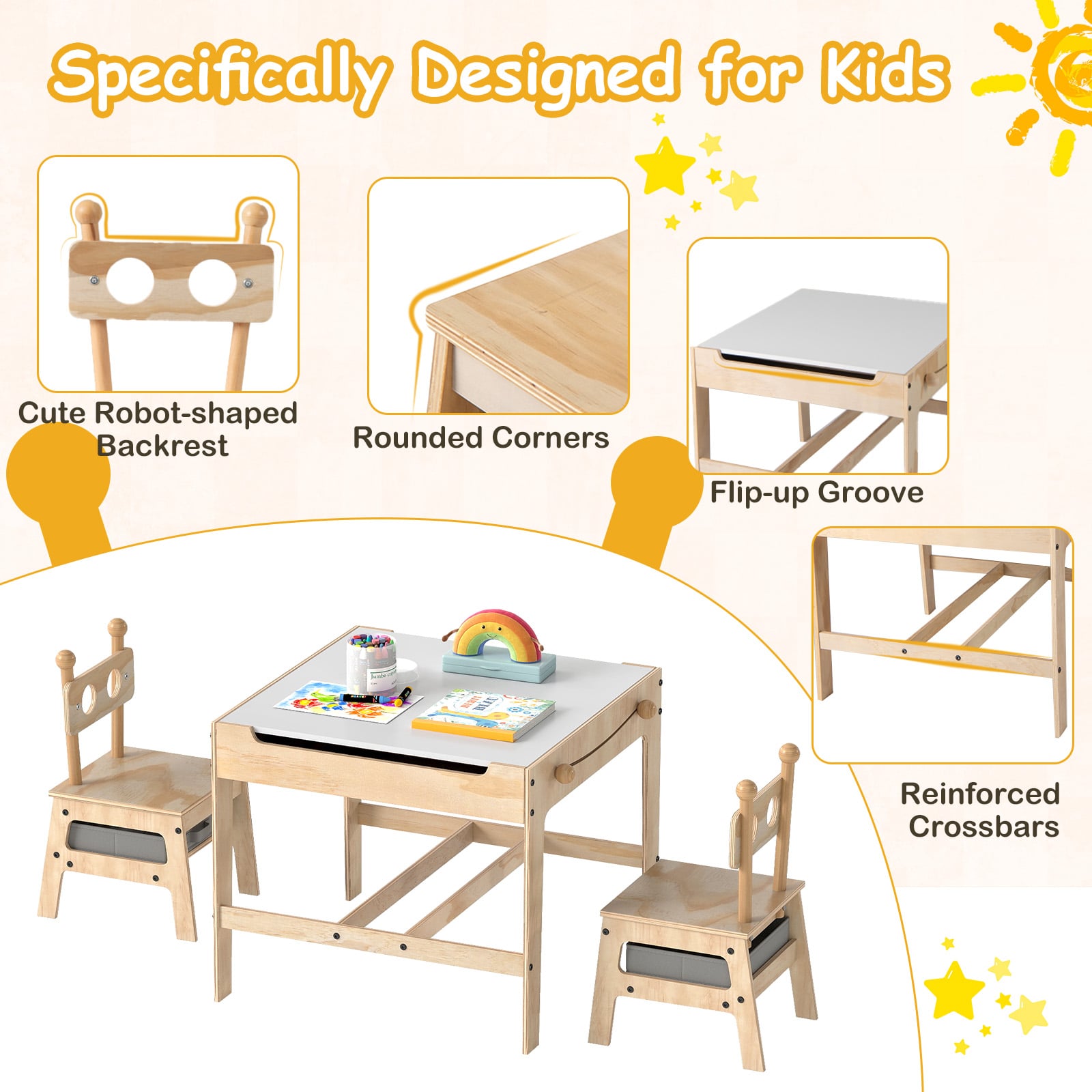 Kids Table and Chairs 4 in 1 Wooden Activity Desk Set (Robot Shape)-Grey