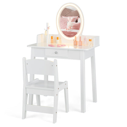 Kids Vanity Set Makeup Beauty Dressing Table and Chair with Lighted Mirror-White