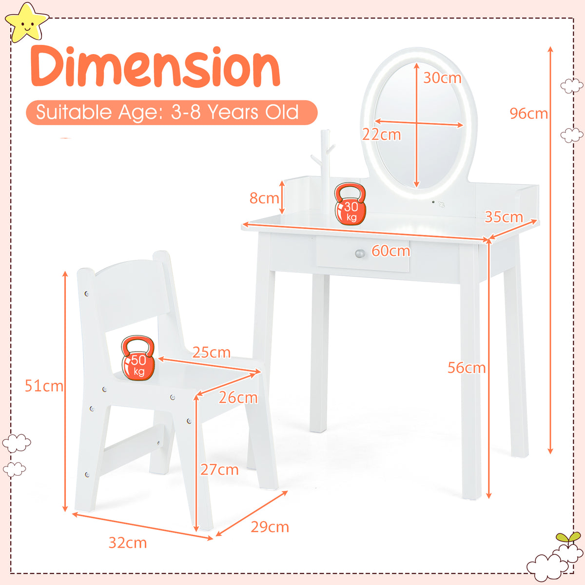 Kids Vanity Set Makeup Beauty Dressing Table and Chair with Lighted Mirror-White