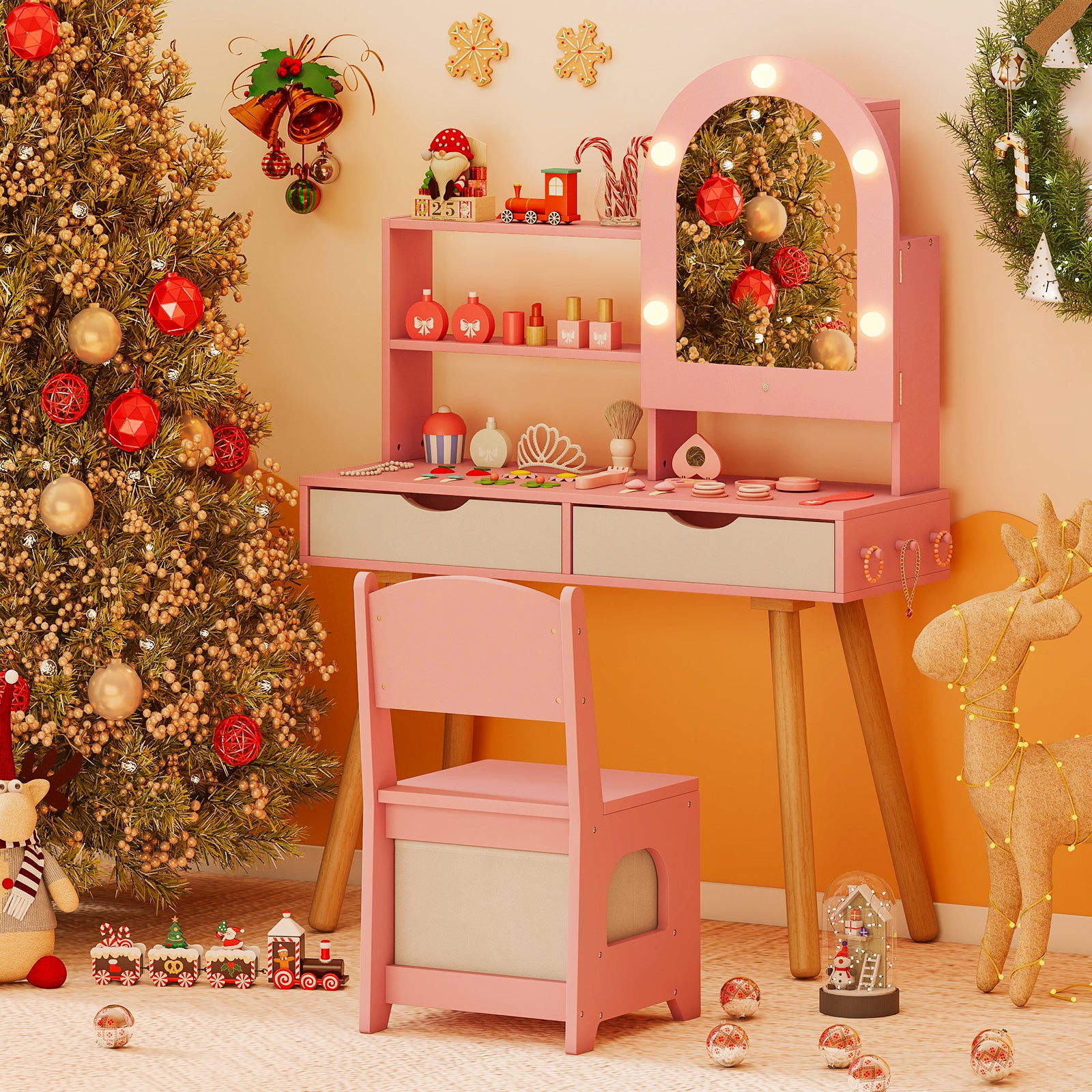 Kids Vanity Set Pretend Play Dressing Table Set with 3-Color Lighting Modes-Pink