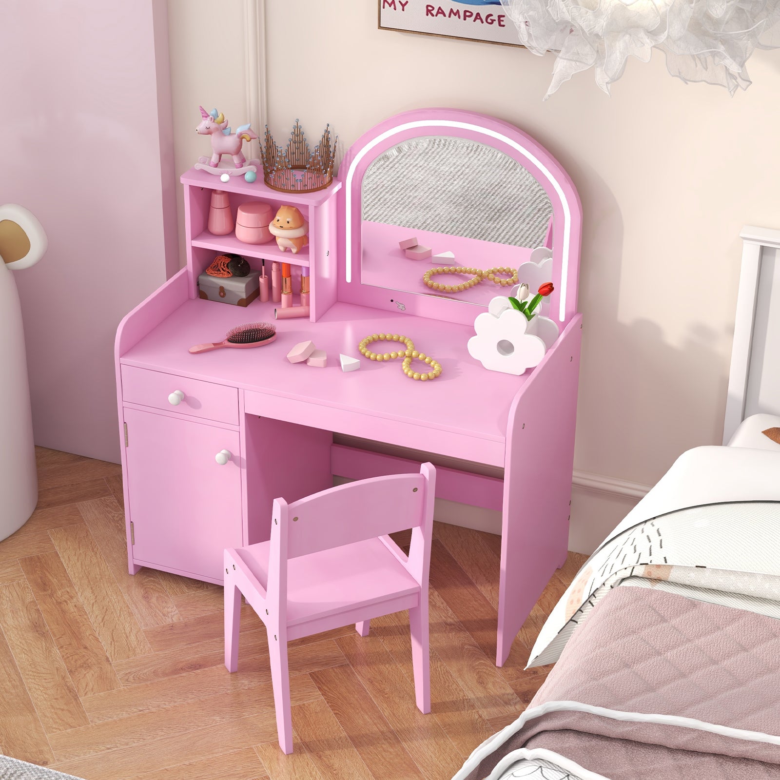 Kids Vanity Table and Chair Set with Shelves Drawer and Cabinet-Pink