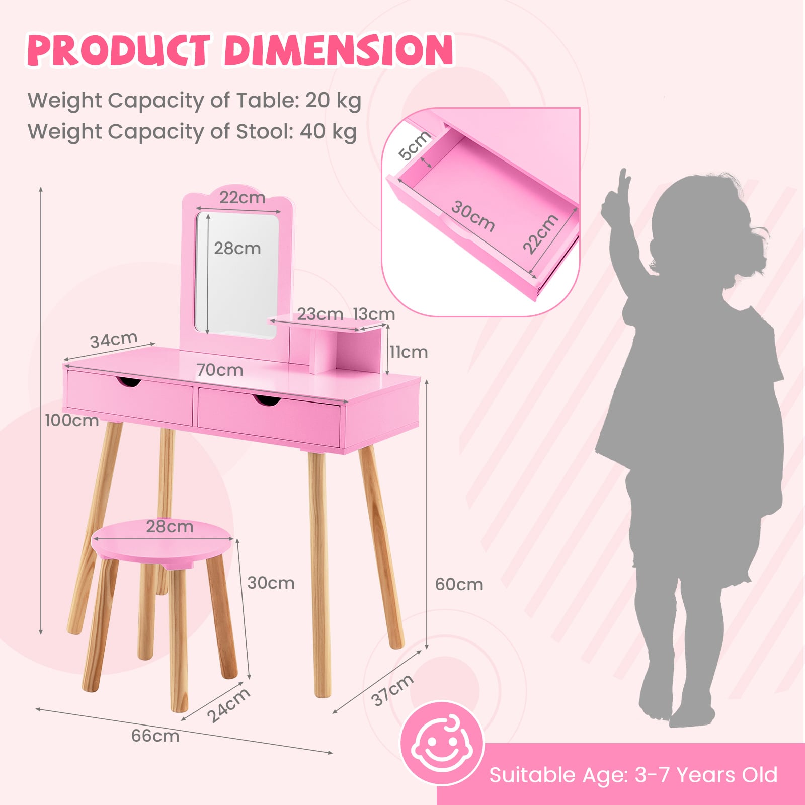 Kids Vanity Table and Stool Set with Square Mirror and Storage Shelf-Light Pink