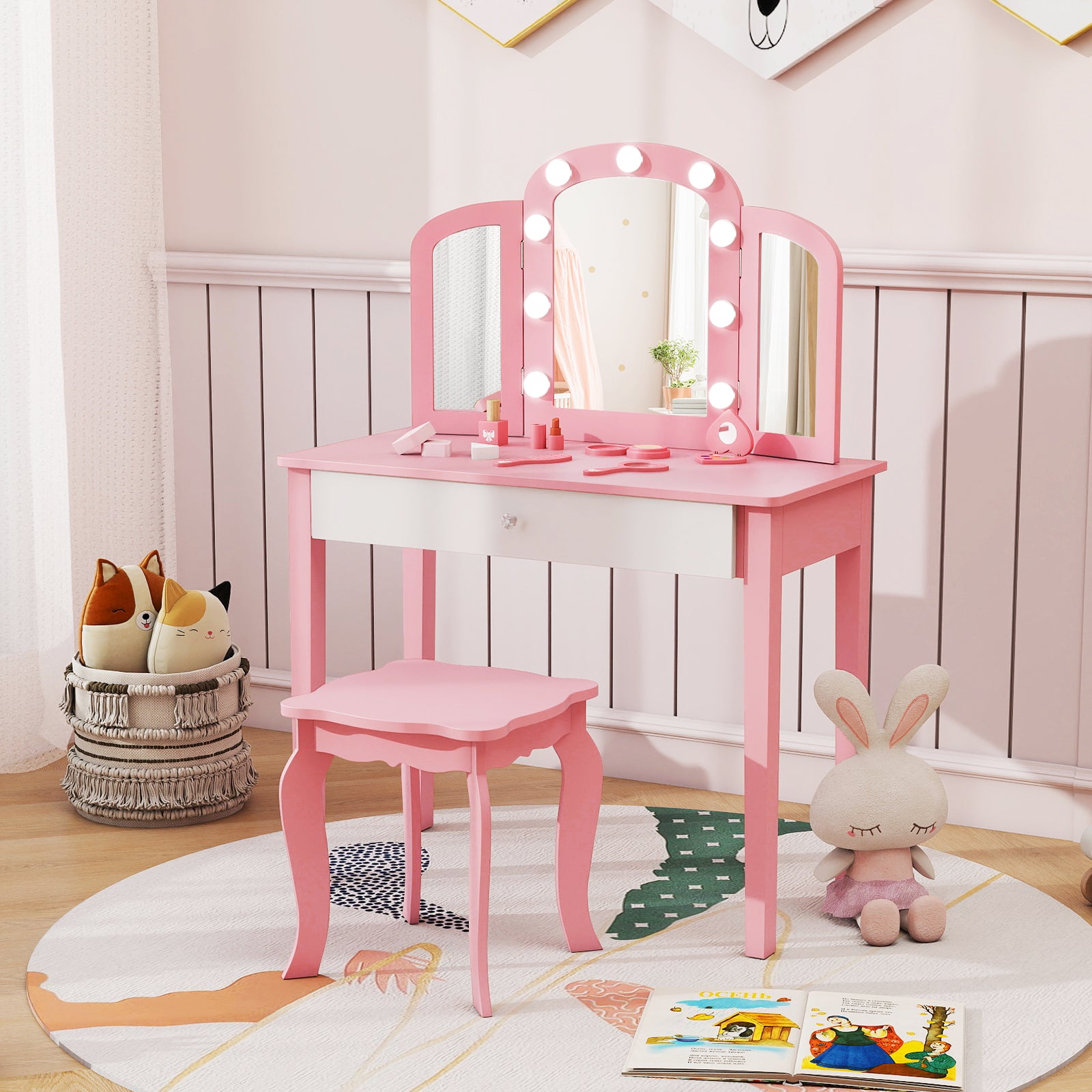 Kids Vanity Table with Mirror and Lights Princess Makeup Vanity Desk-Pink
