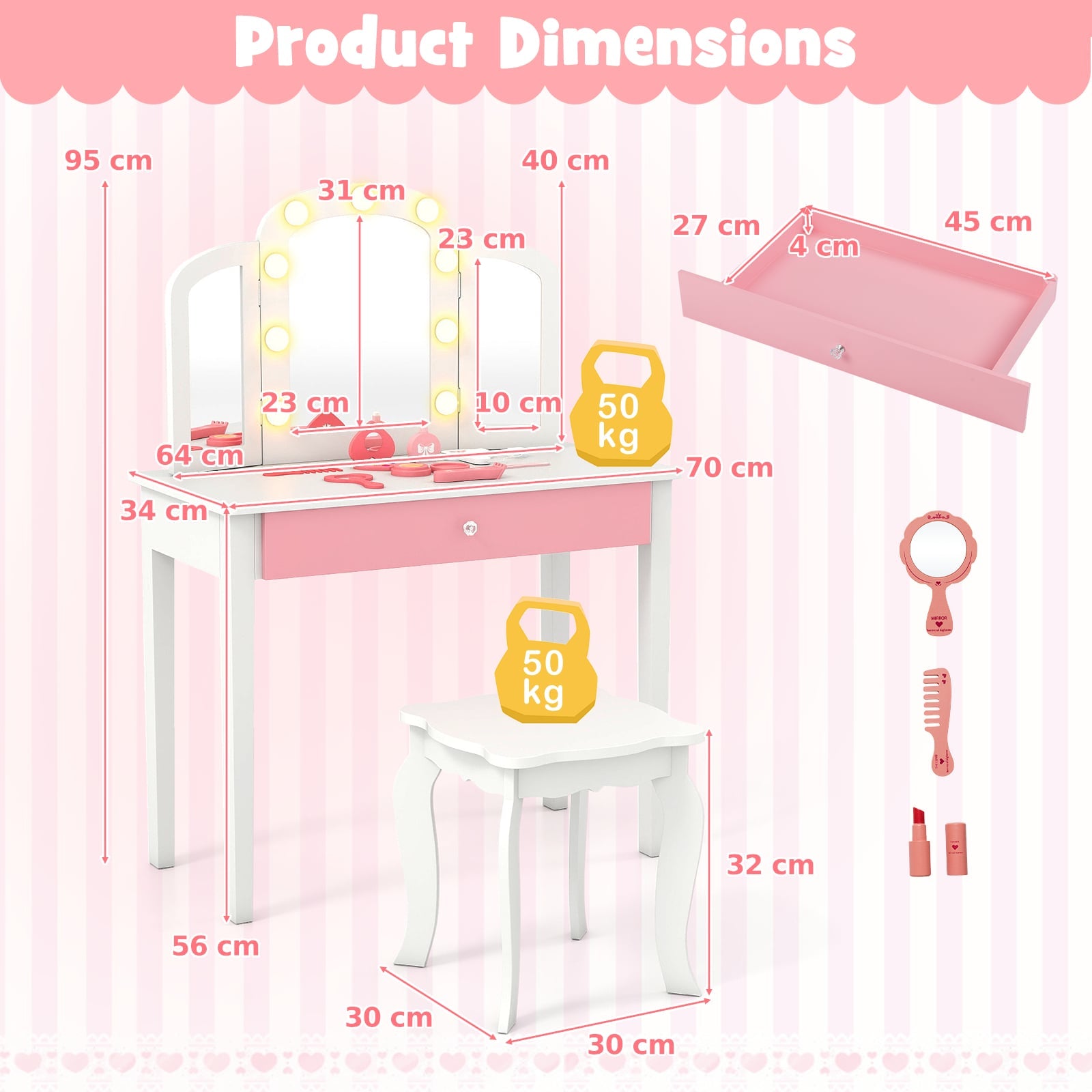 Kids Vanity Table with Mirror and Lights Princess Makeup Vanity Desk-White