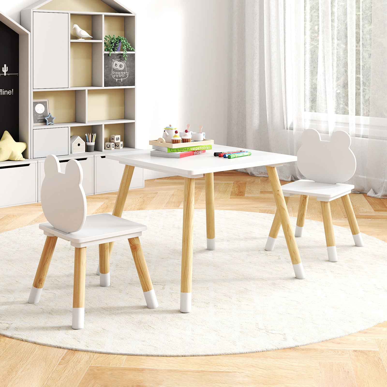 3 Pieces Kids Wooden Table and Chair Set with Cute Froggy Design-White