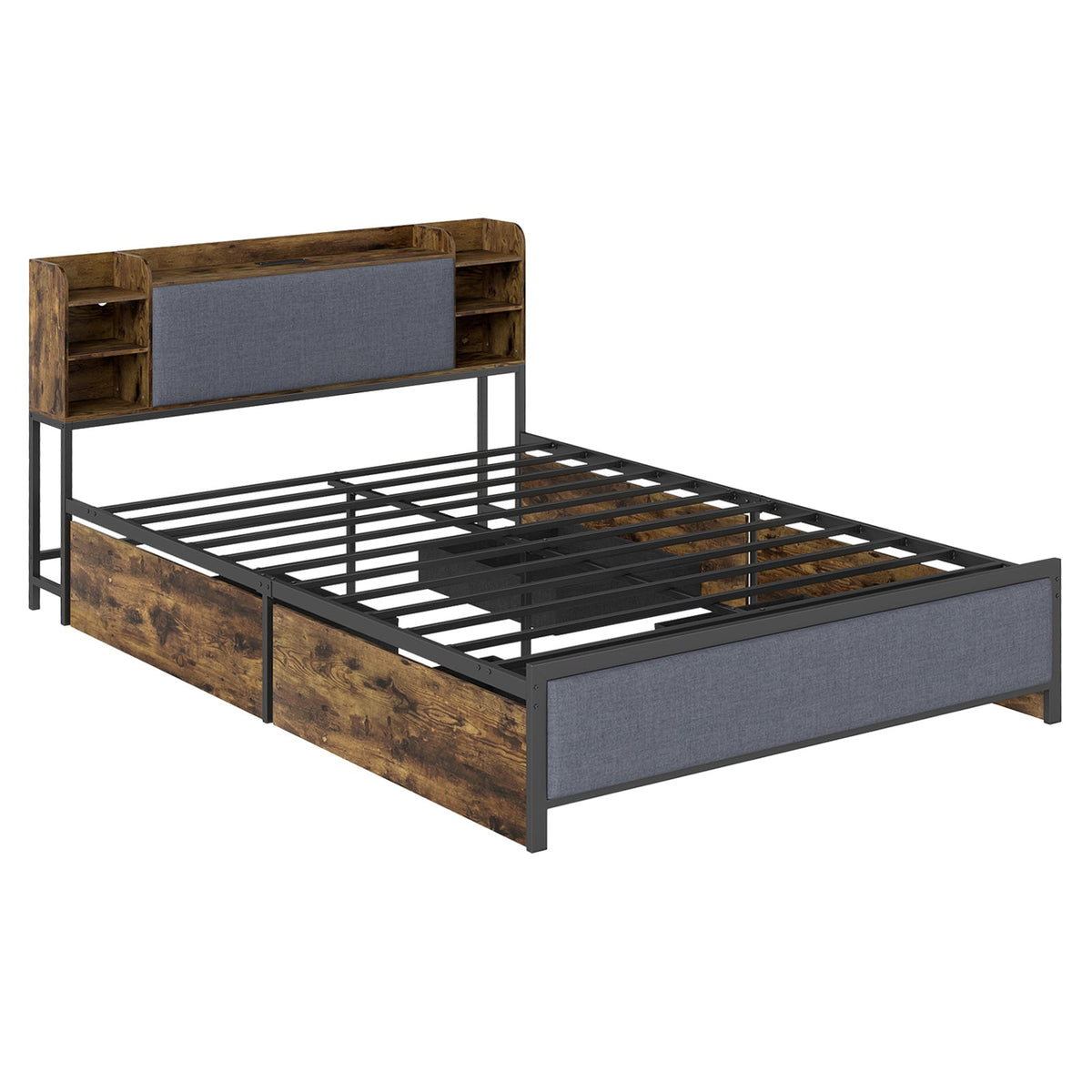 King Size Bed Frame with LED Lights and Charging Station Industrial Upholstered Platform Bed-Rustic Brown