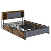 King Size Bed Frame with LED Lights and Charging Station Industrial Upholstered Platform Bed-Rustic Brown