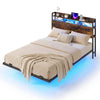 King Size Bed Frame with LED Lights and Charging Station-Rustic Brown