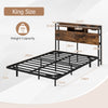 King Size Bed Frame with LED Lights and Charging Station-Rustic Brown