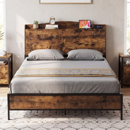 King Size Industrial Metal Platform Bed Frame with Charging Station and Storage Headboard-King Size